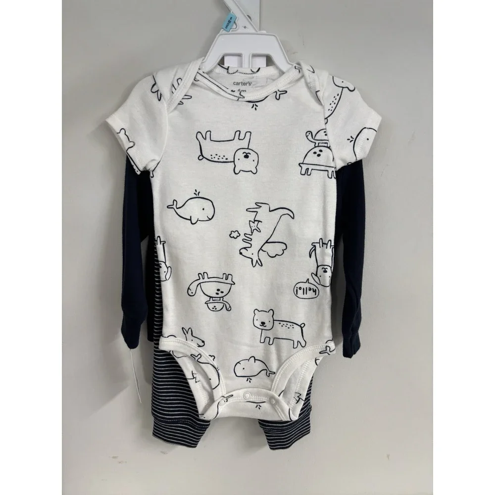 Carter's Baby 6M 3pc Navy Zip Hoodie Bodysuit Pants Set Whale Stripe